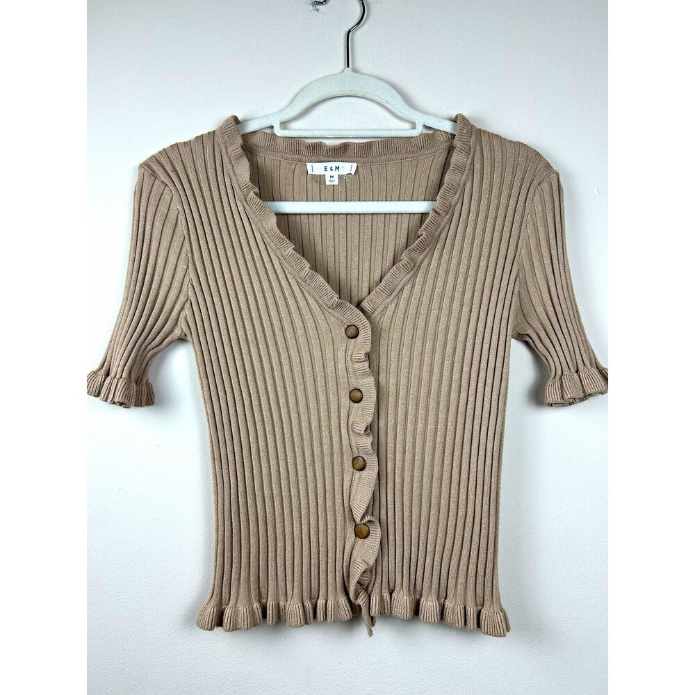 E&M Ruffle Trim Ribbed Knit Short Sleeve Cardigan Top Taupe M